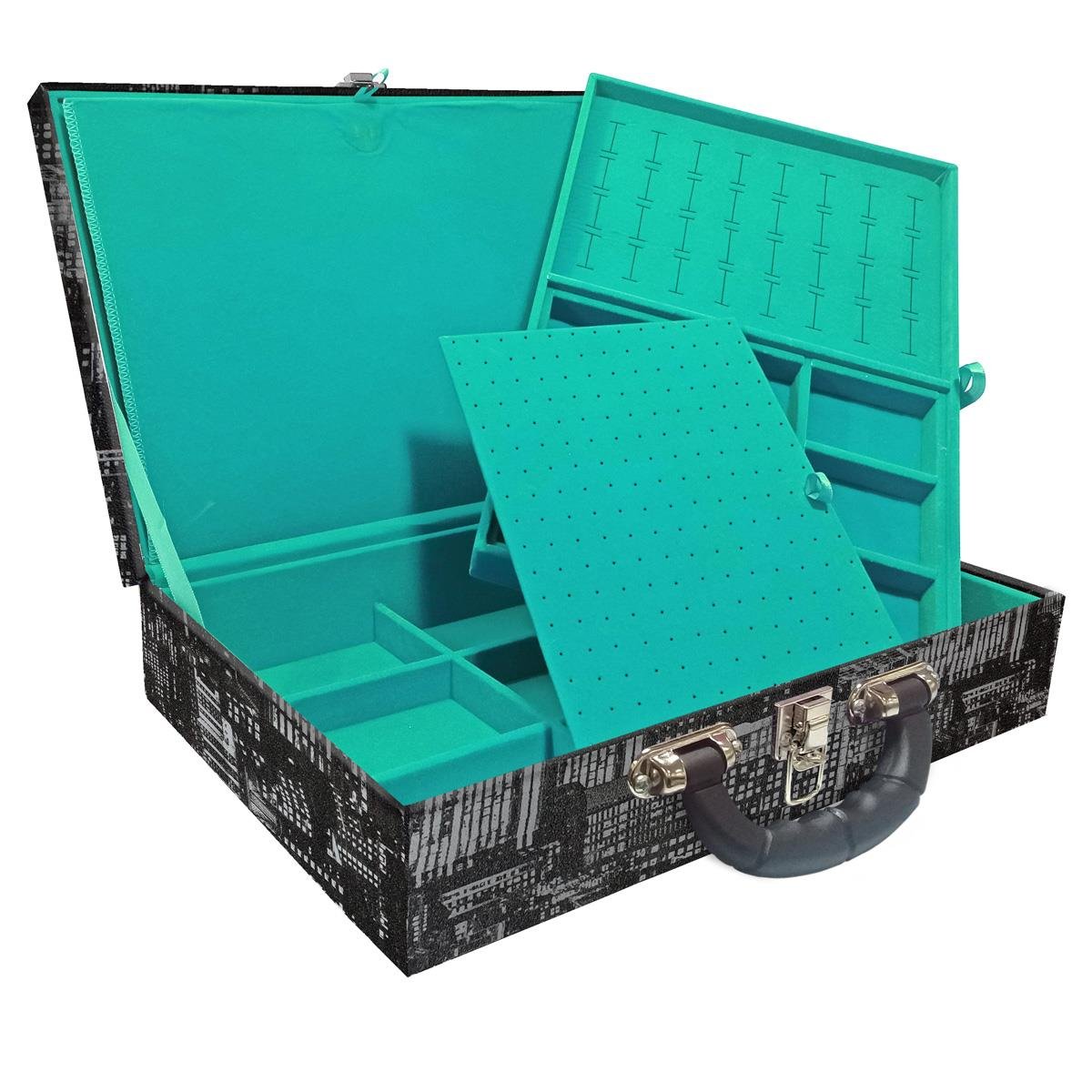 Estojo Maleta Porta Jóias Duplo Grande Dark City Com Alça Preta e Imã