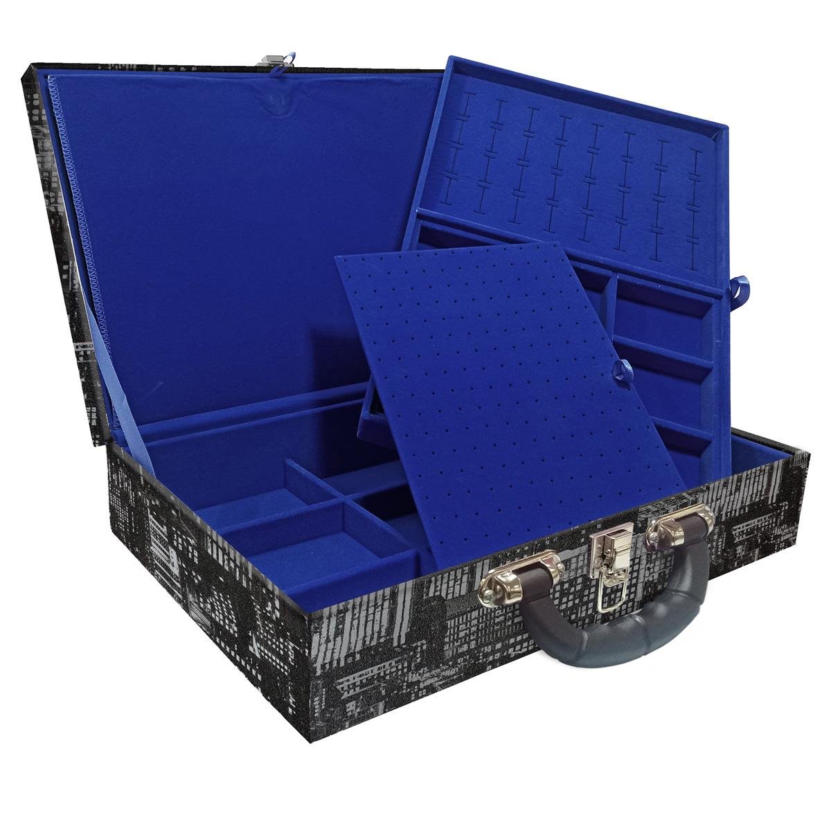 Estojo Maleta Porta Jóias Duplo Grande Dark City Com Alça Preta e Imã