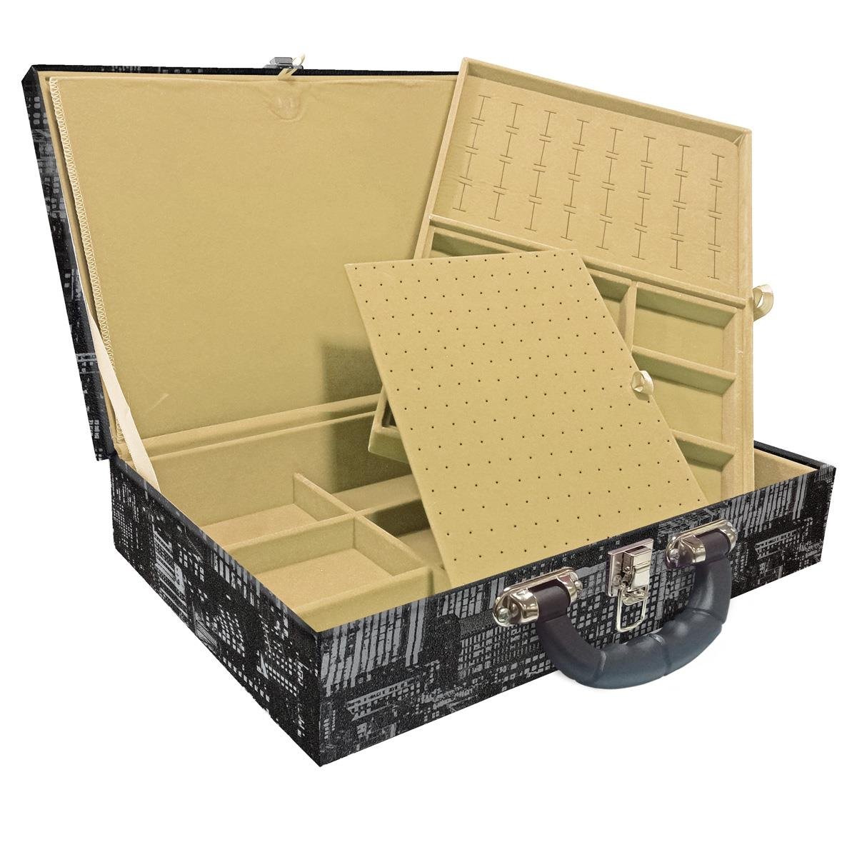 Estojo Maleta Porta Jóias Duplo Grande Dark City Com Alça Preta e Imã