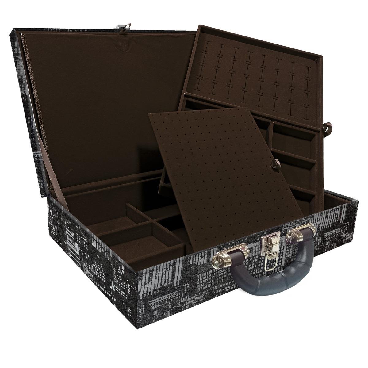 Estojo Maleta Porta Jóias Duplo Grande Dark City Com Alça Preta e Imã