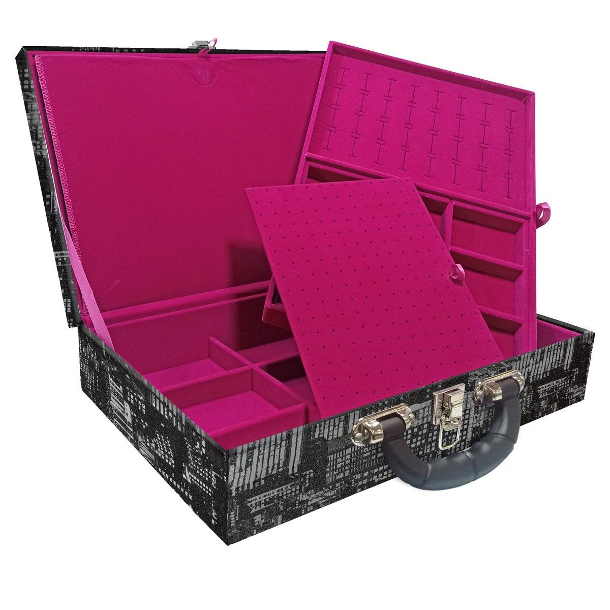 Estojo Maleta Porta Jóias Duplo Grande Dark City Com Alça Preta e Imã