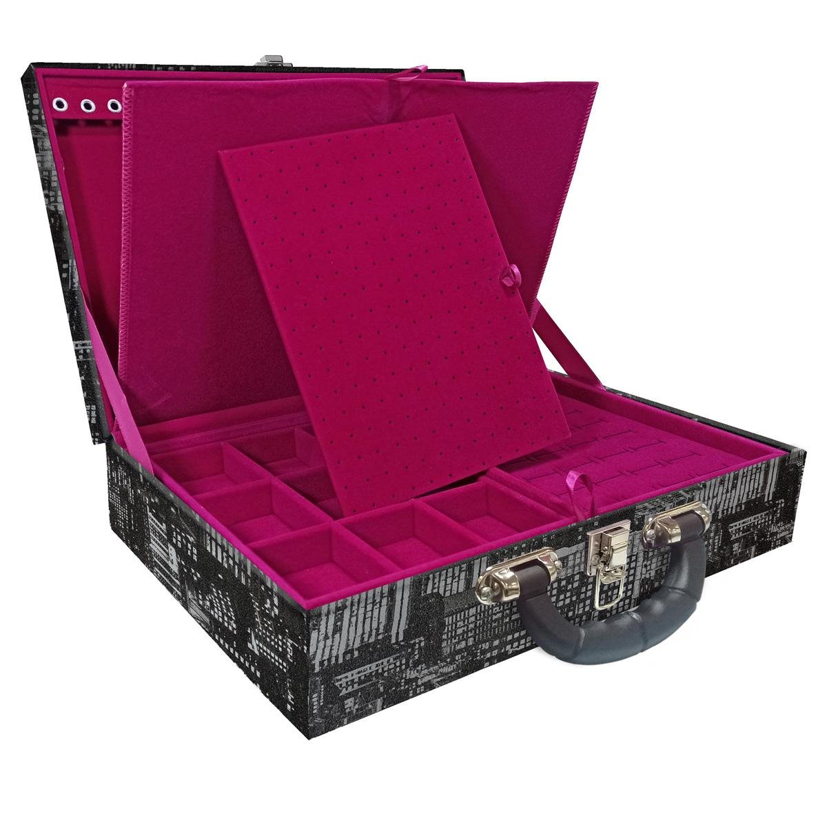 Estojo Maleta Porta Jóias Duplo Grande Dark City Com Alça Preta e Imã