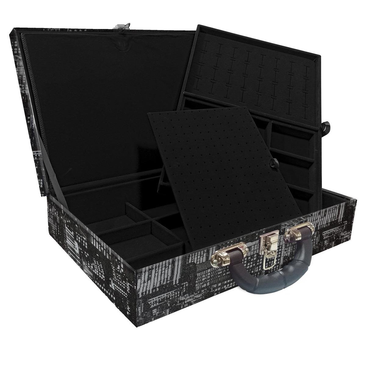 Estojo Maleta Porta Jóias Duplo Grande Dark City Com Alça Preta e Imã