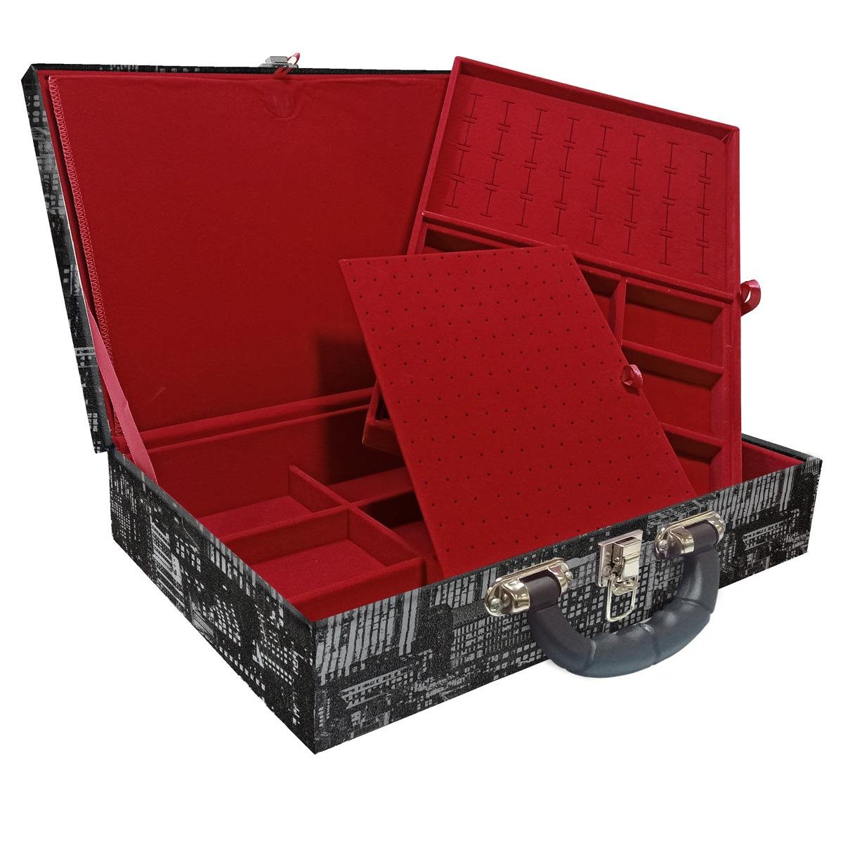 Estojo Maleta Porta Jóias Duplo Grande Dark City Com Alça Preta e Imã