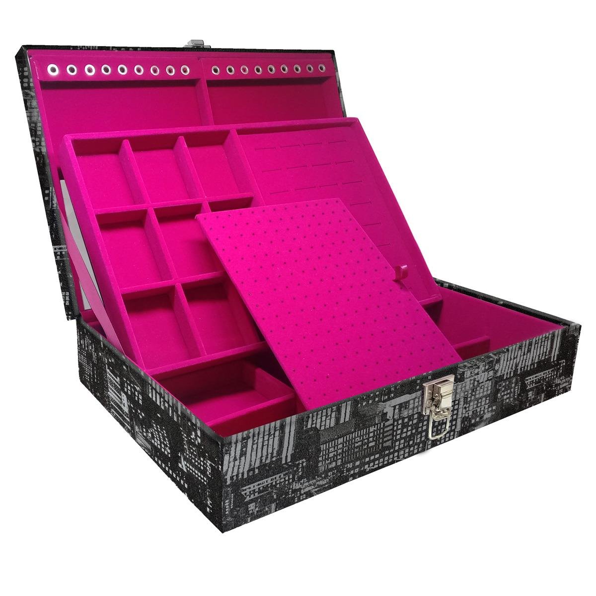 Estojo Maleta Porta Jóias Duplo Grande Dark City Sem Alça e Com Espelho
