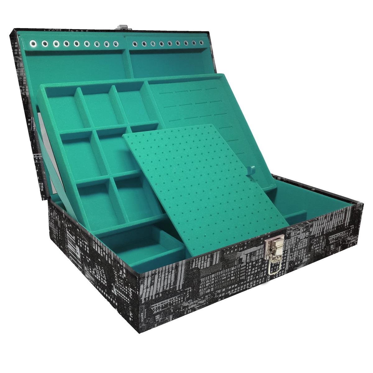 Estojo Maleta Porta Jóias Duplo Grande Dark City Sem Alça e Com Espelho