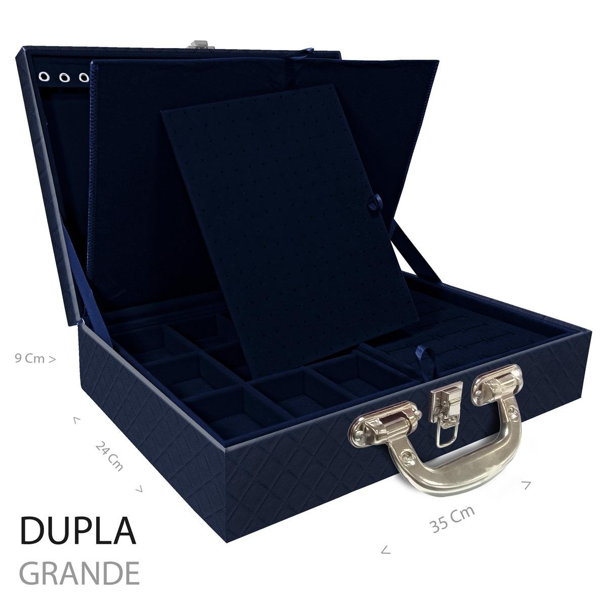 Estojo Maleta Porta Jóias Duplo Grande Dijon Azul Marinho Com Alça Cromada e Imã