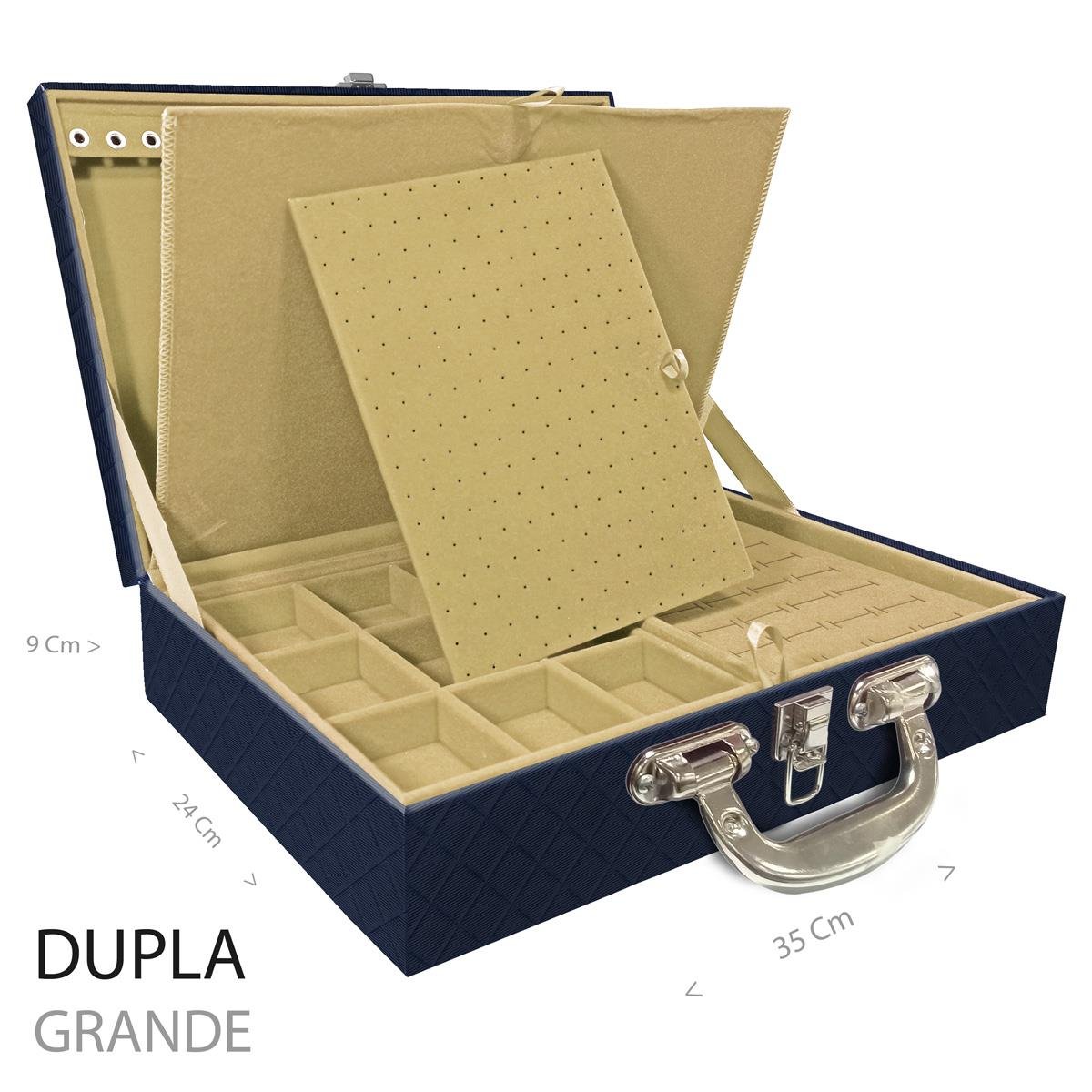 Estojo Maleta Porta Jóias Duplo Grande Dijon Azul Marinho Com Alça Cromada e Imã