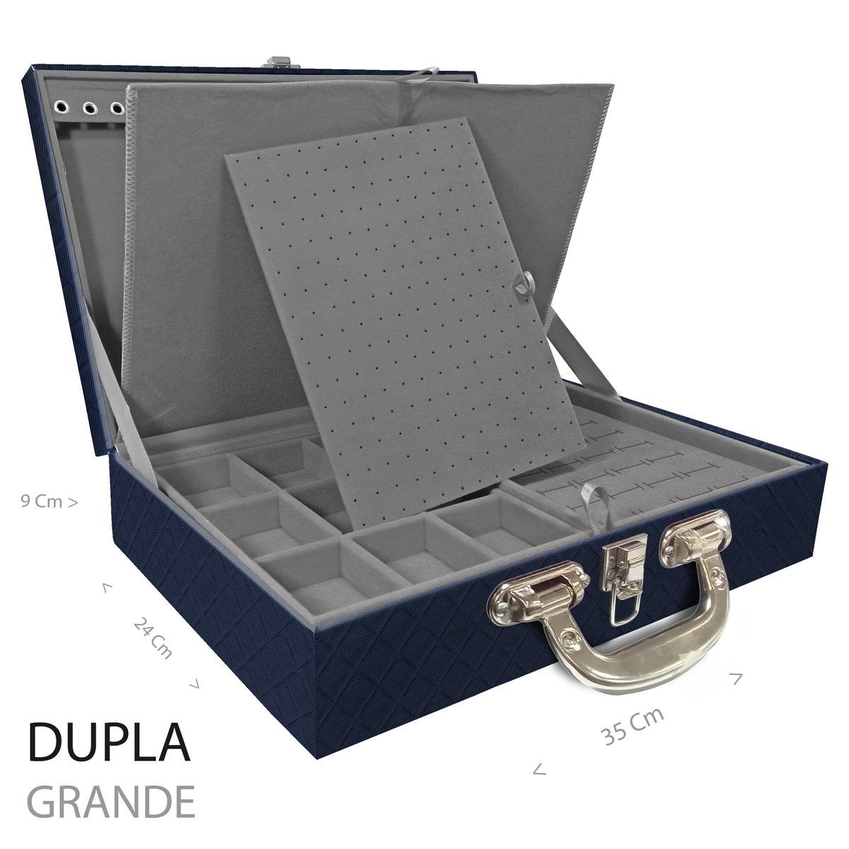 Estojo Maleta Porta Jóias Duplo Grande Dijon Azul Marinho Com Alça Cromada e Imã