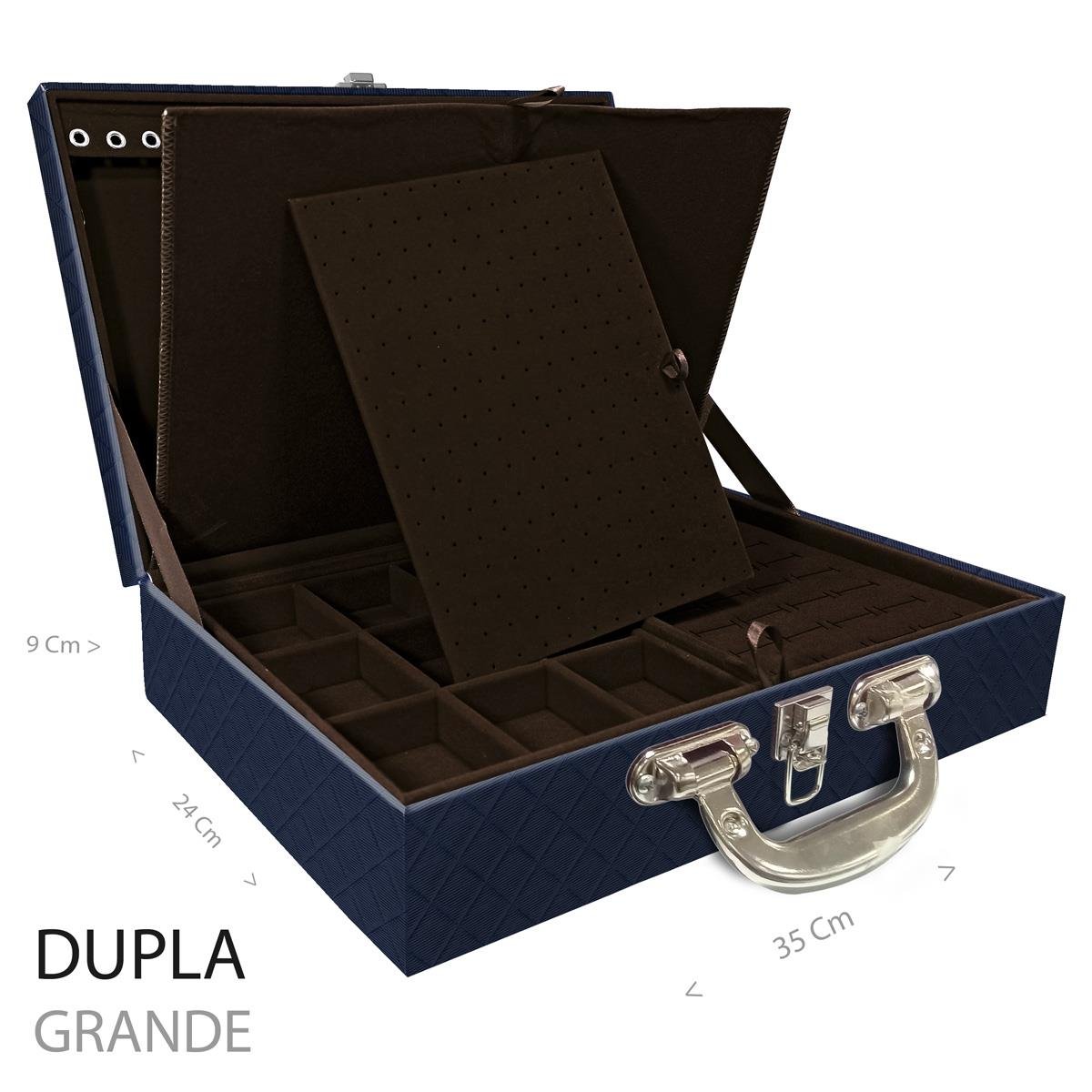 Estojo Maleta Porta Jóias Duplo Grande Dijon Azul Marinho Com Alça Cromada e Imã