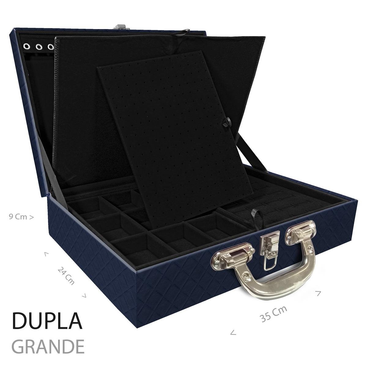 Estojo Maleta Porta Jóias Duplo Grande Dijon Azul Marinho Com Alça Cromada e Imã