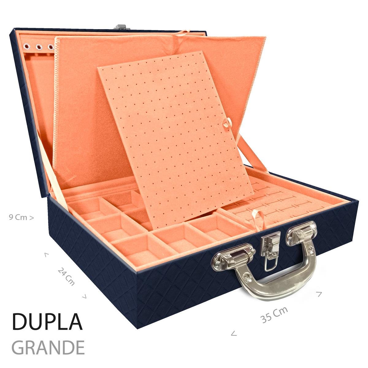 Estojo Maleta Porta Jóias Duplo Grande Dijon Azul Marinho Com Alça Cromada e Imã