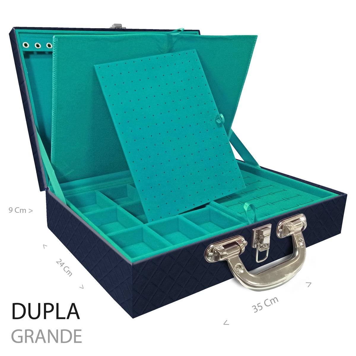 Estojo Maleta Porta Jóias Duplo Grande Dijon Azul Marinho Com Alça Cromada e Imã