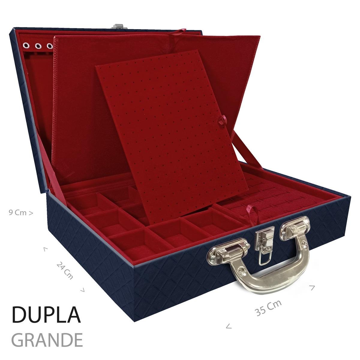 Estojo Maleta Porta Jóias Duplo Grande Dijon Azul Marinho Com Alça Cromada e Imã