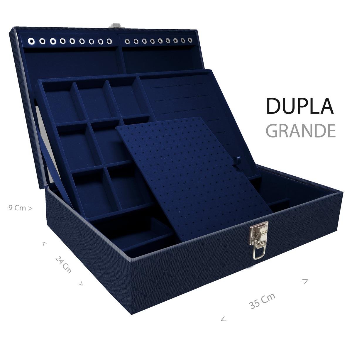 Estojo Maleta Porta Jóias Duplo Grande Dijon Azul Marinho Sem Alça e Com Espelho