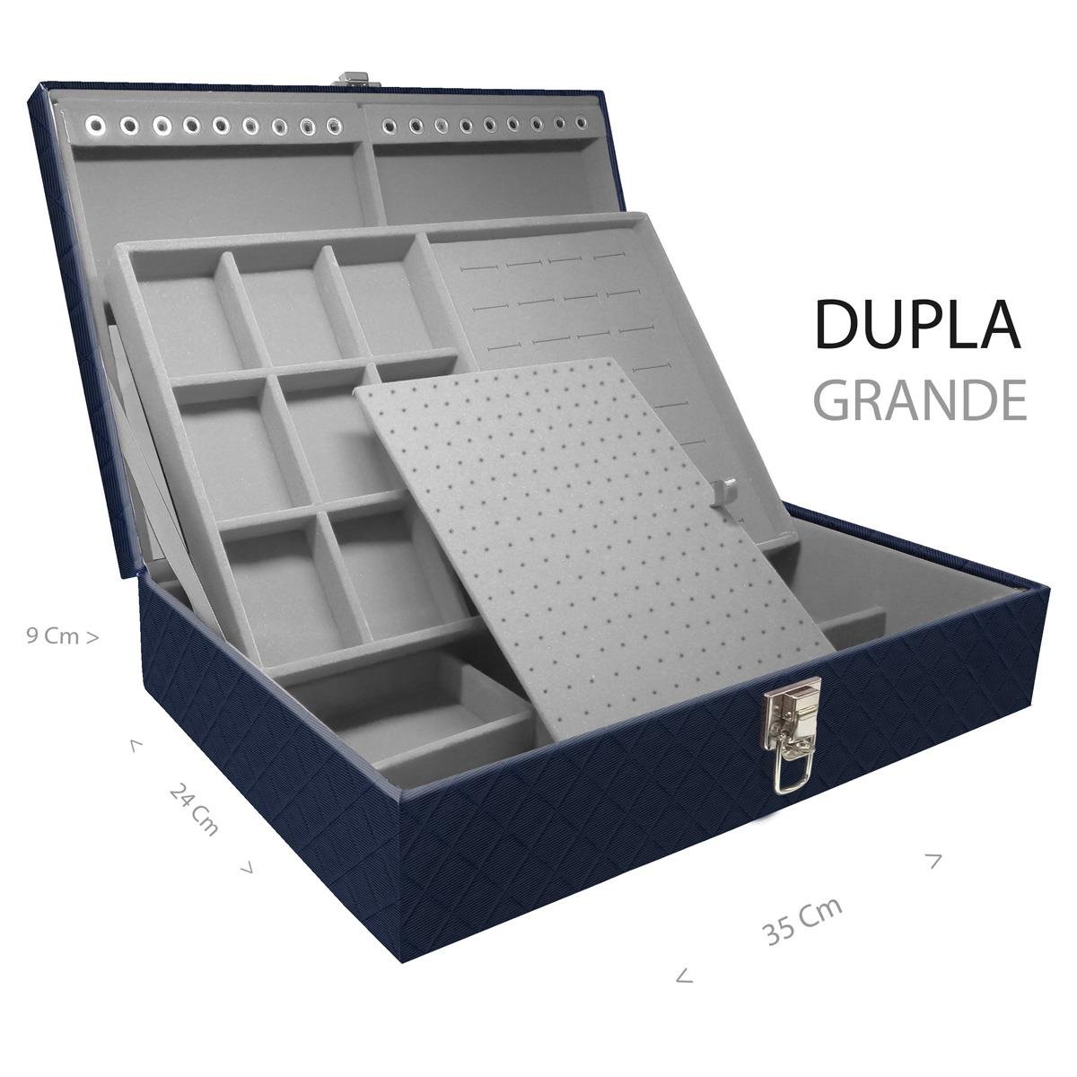 Estojo Maleta Porta Jóias Duplo Grande Dijon Azul Marinho Sem Alça e Com Espelho