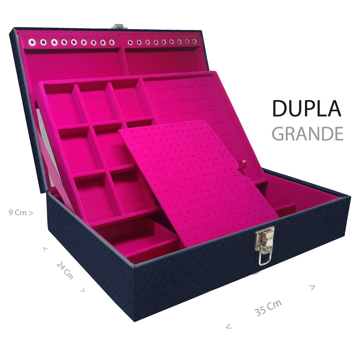Estojo Maleta Porta Jóias Duplo Grande Dijon Azul Marinho Sem Alça e Com Espelho