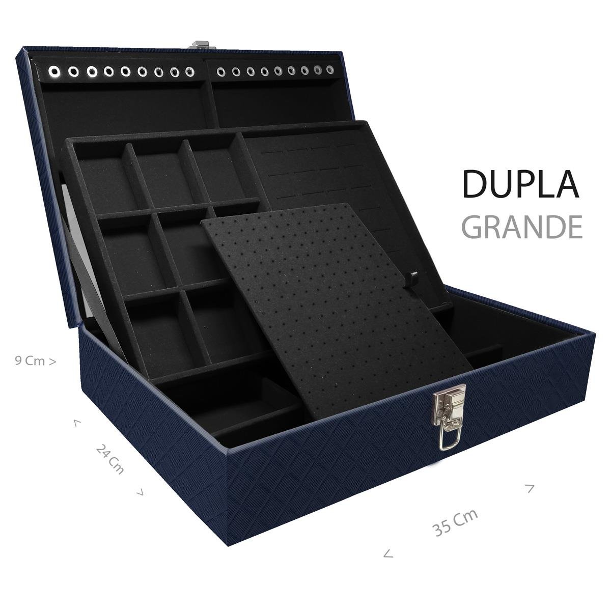 Estojo Maleta Porta Jóias Duplo Grande Dijon Azul Marinho Sem Alça e Com Espelho