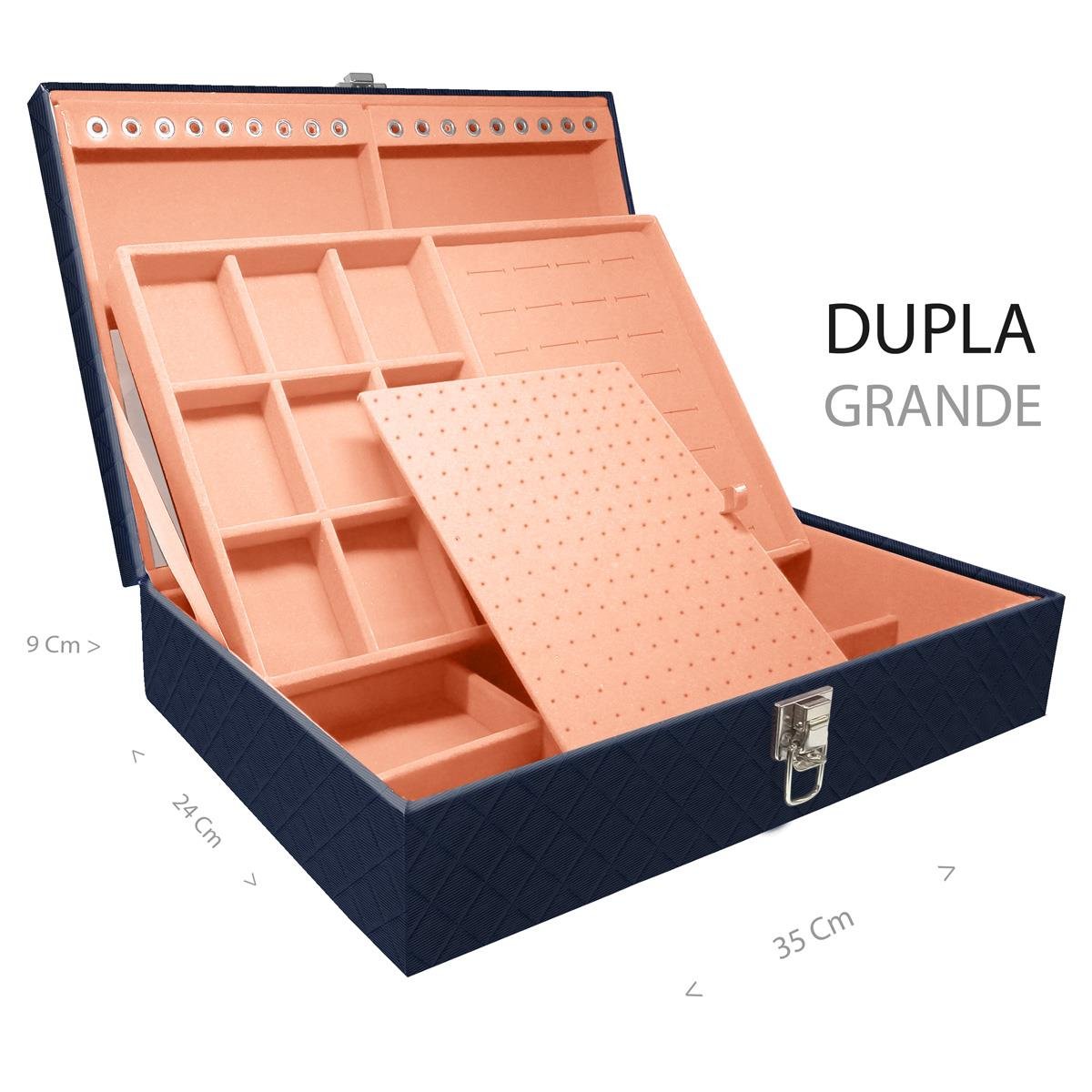 Estojo Maleta Porta Jóias Duplo Grande Dijon Azul Marinho Sem Alça e Com Espelho