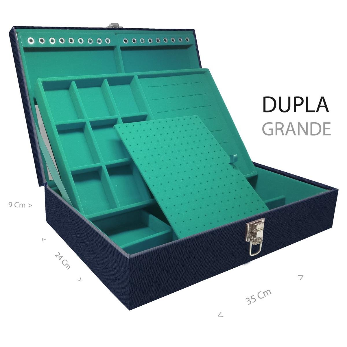 Estojo Maleta Porta Jóias Duplo Grande Dijon Azul Marinho Sem Alça e Com Espelho