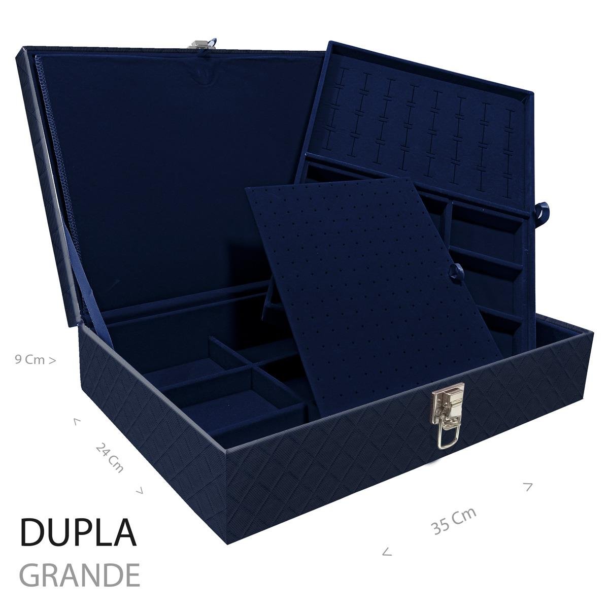 Estojo Maleta Porta Jóias Duplo Grande Dijon Azul Marinho Sem Alça e Com Imã
