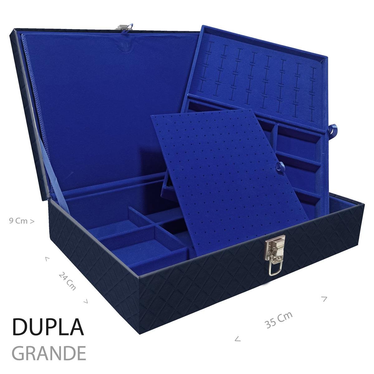 Estojo Maleta Porta Jóias Duplo Grande Dijon Azul Marinho Sem Alça e Com Imã