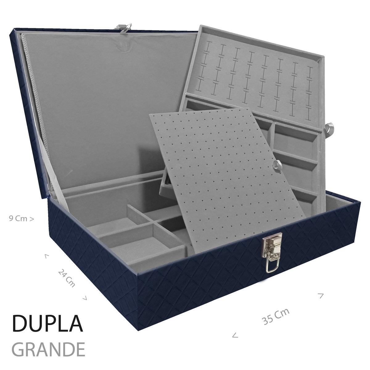 Estojo Maleta Porta Jóias Duplo Grande Dijon Azul Marinho Sem Alça e Com Imã