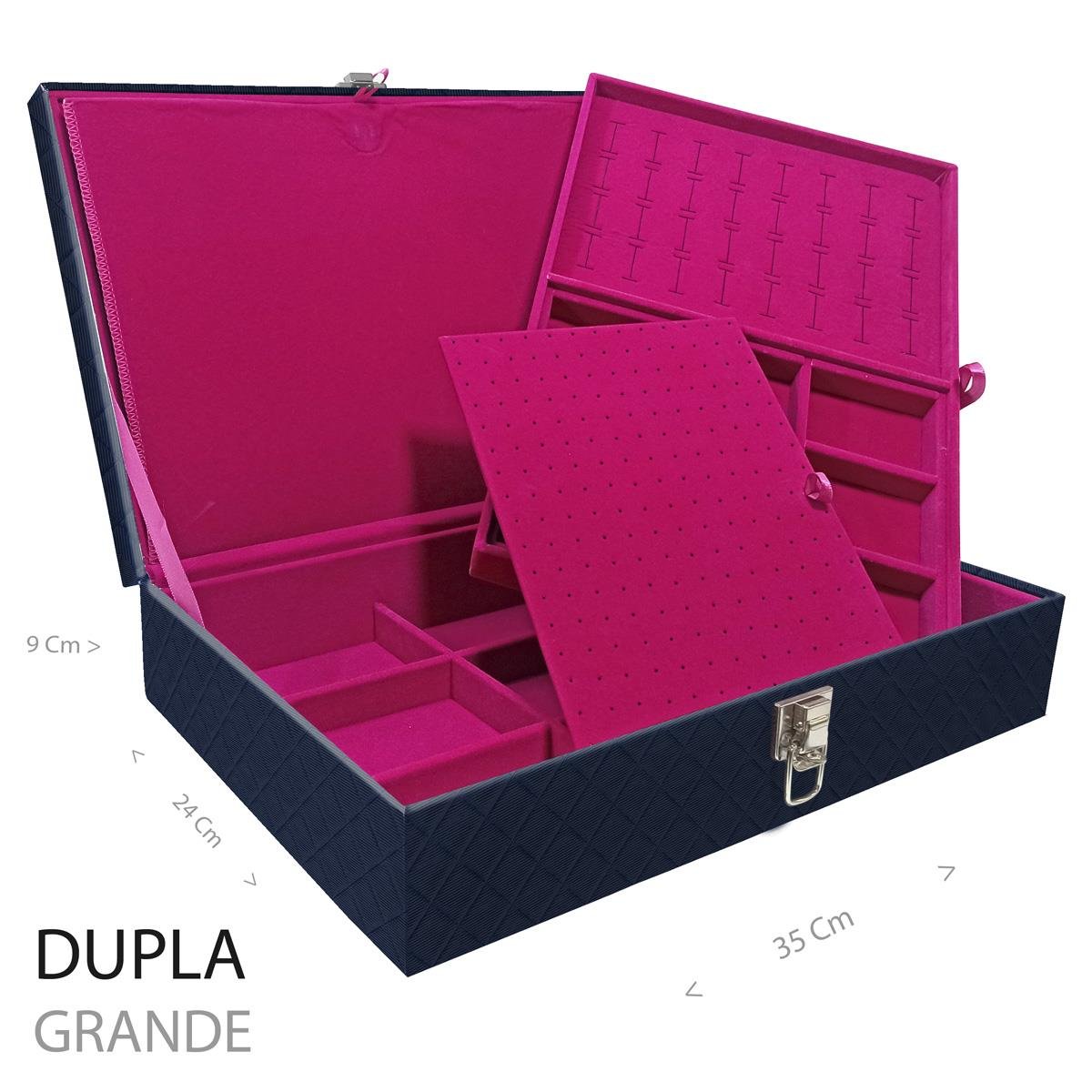 Estojo Maleta Porta Jóias Duplo Grande Dijon Azul Marinho Sem Alça e Com Imã