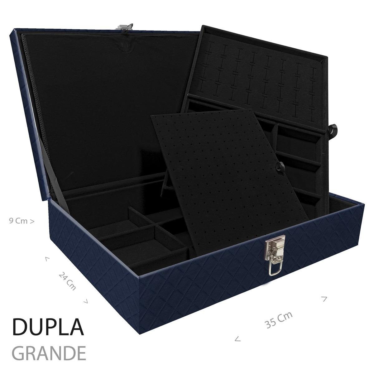Estojo Maleta Porta Jóias Duplo Grande Dijon Azul Marinho Sem Alça e Com Imã