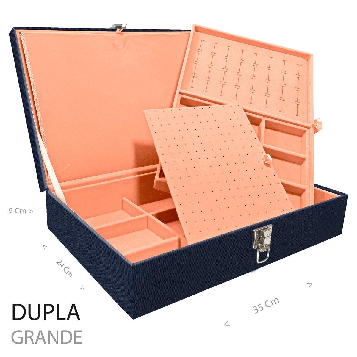 Estojo Maleta Porta Jóias Duplo Grande Dijon Azul Marinho Sem Alça e Com Imã
