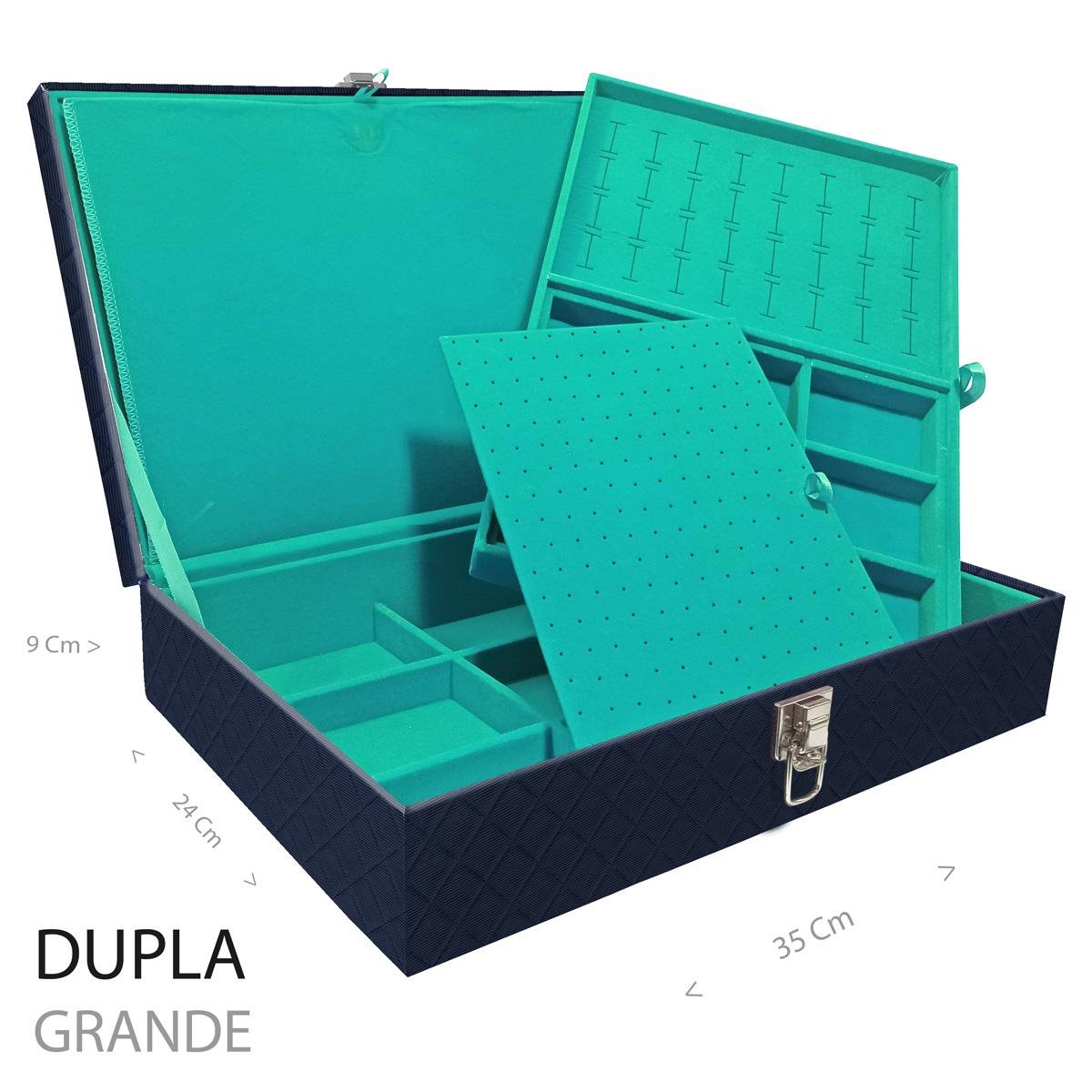 Estojo Maleta Porta Jóias Duplo Grande Dijon Azul Marinho Sem Alça e Com Imã
