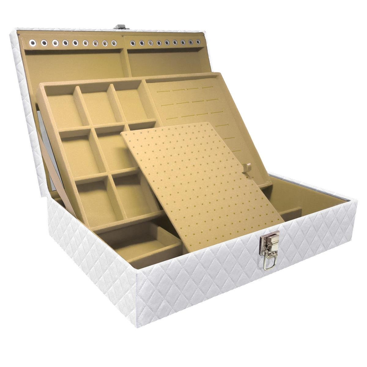 Estojo Maleta Porta Jóias Duplo Grande Dijon Branco Sem Alça e Com Espelho