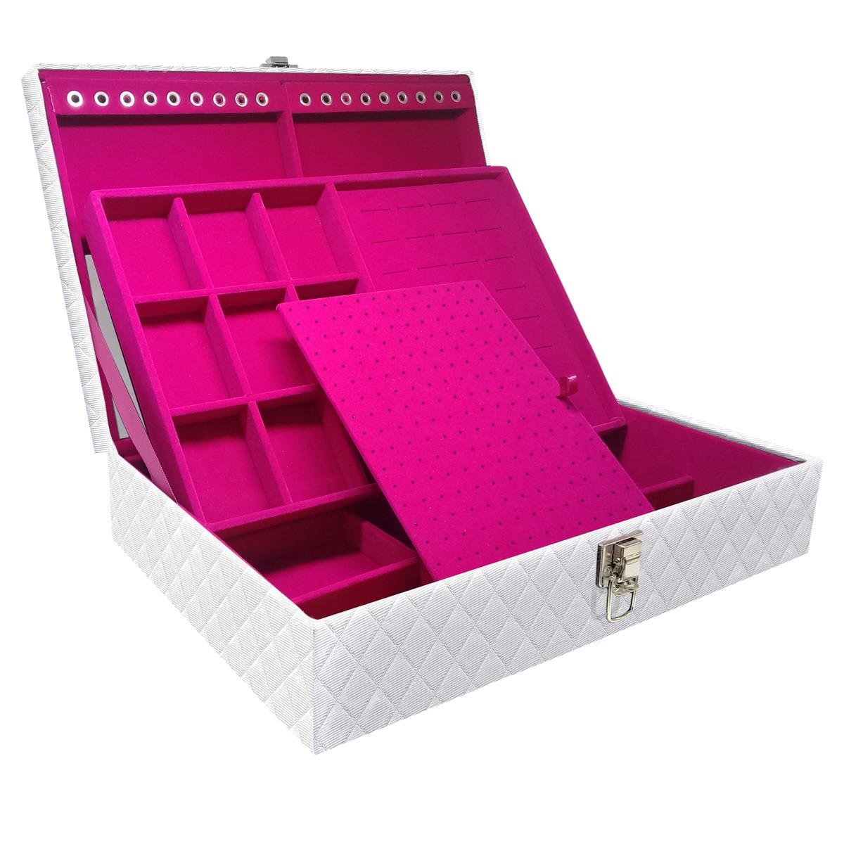 Estojo Maleta Porta Jóias Duplo Grande Dijon Branco Sem Alça e Com Espelho