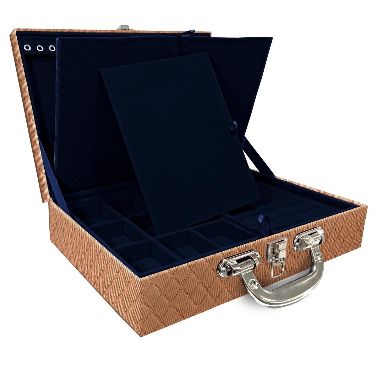 Estojo Maleta Porta Jóias Dupla Grande Dijon Cobre Metalizado Com Alça Cromada e Imã