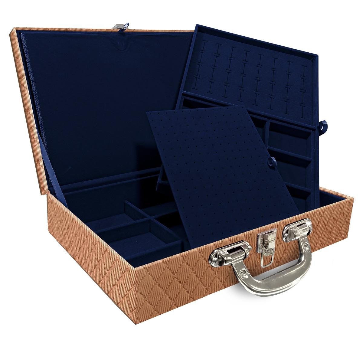 Estojo Maleta Porta Jóias Dupla Grande Dijon Cobre Metalizado Com Alça Cromada e Imã