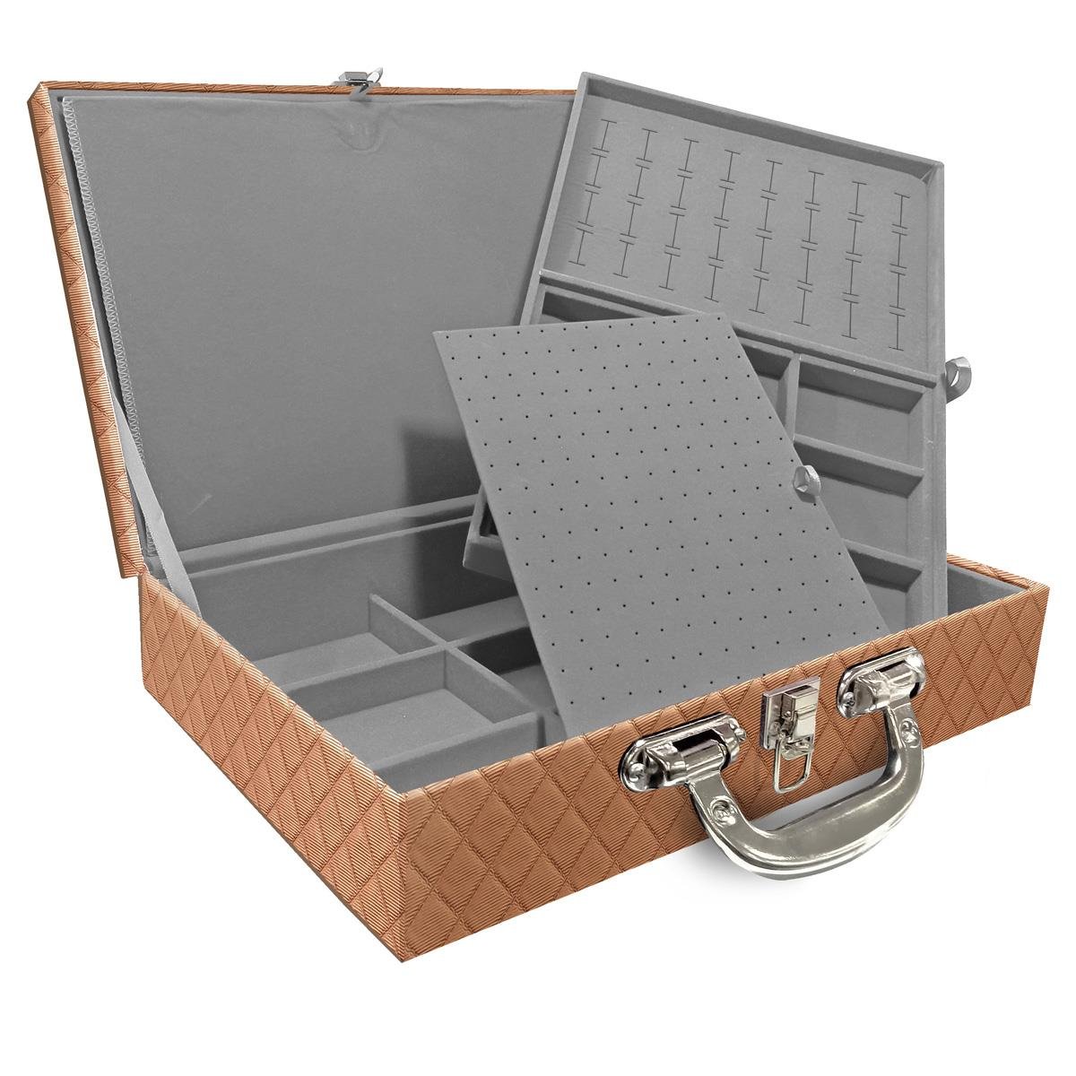 Estojo Maleta Porta Jóias Dupla Grande Dijon Cobre Metalizado Com Alça Cromada e Imã