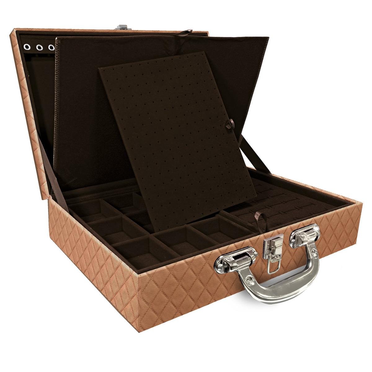 Estojo Maleta Porta Jóias Dupla Grande Dijon Cobre Metalizado Com Alça Cromada e Imã