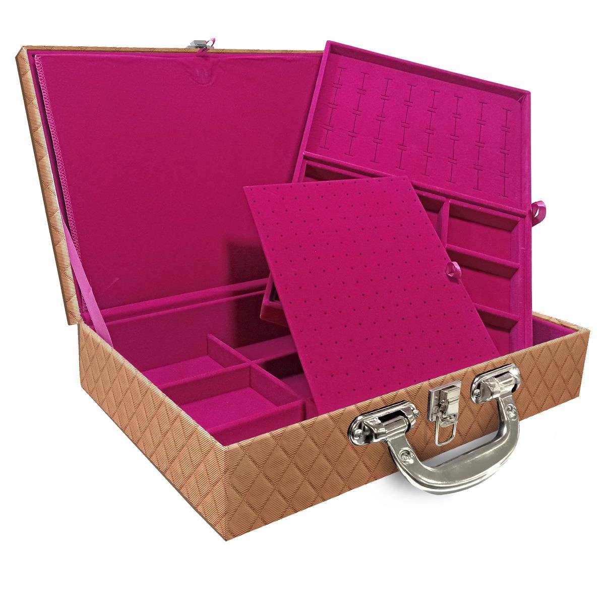 Estojo Maleta Porta Jóias Dupla Grande Dijon Cobre Metalizado Com Alça Cromada e Imã