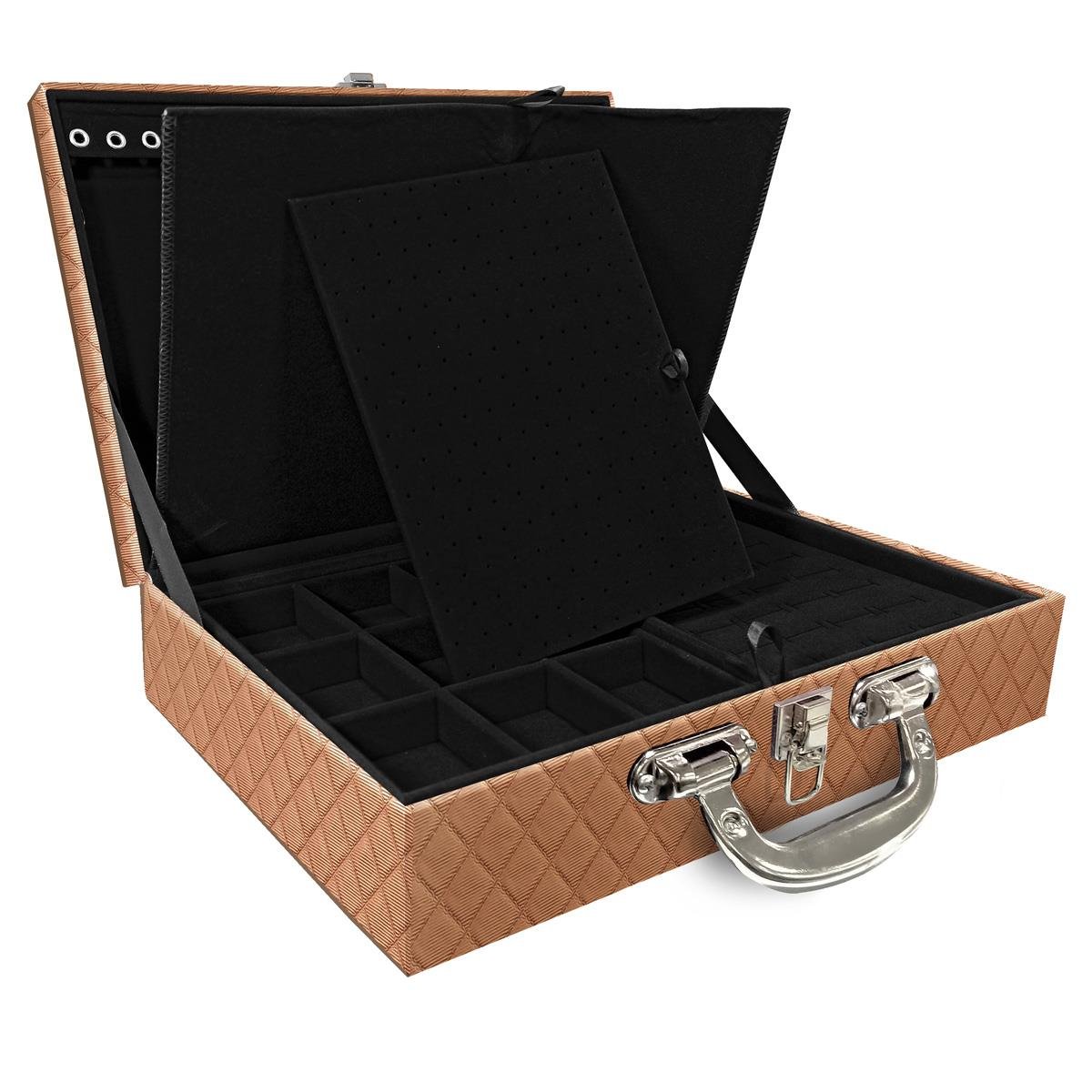 Estojo Maleta Porta Jóias Dupla Grande Dijon Cobre Metalizado Com Alça Cromada e Imã