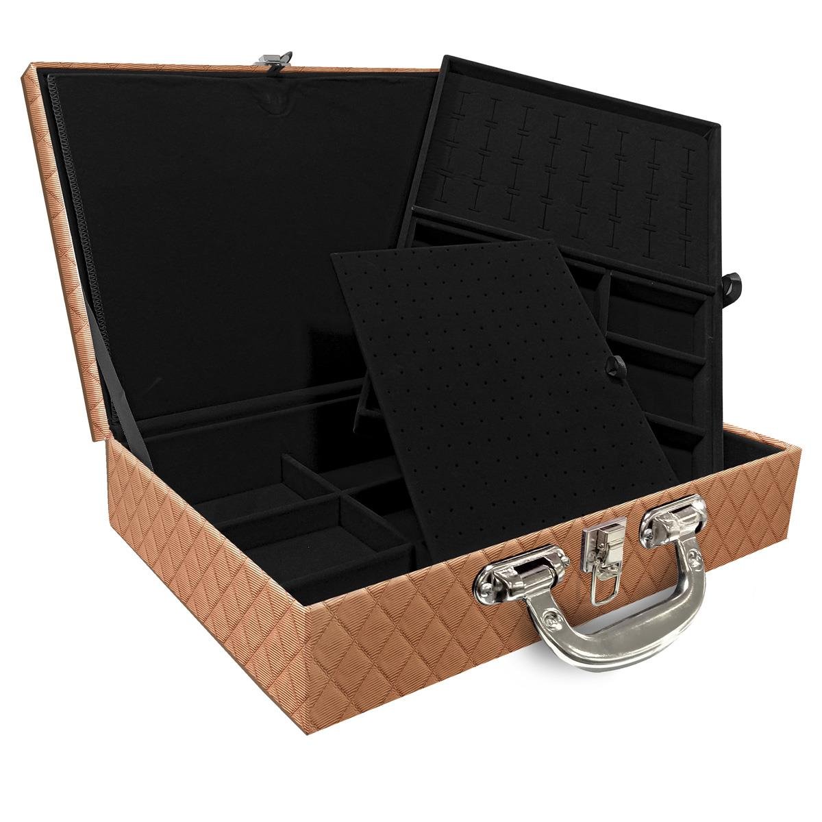 Estojo Maleta Porta Jóias Dupla Grande Dijon Cobre Metalizado Com Alça Cromada e Imã
