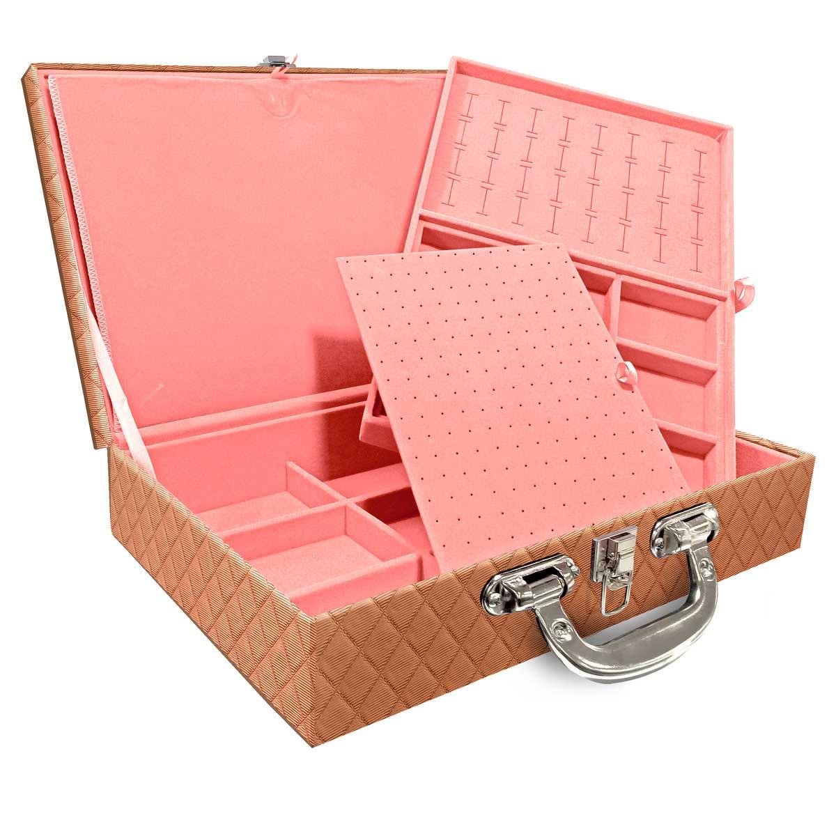 Estojo Maleta Porta Jóias Dupla Grande Dijon Cobre Metalizado Com Alça Cromada e Imã