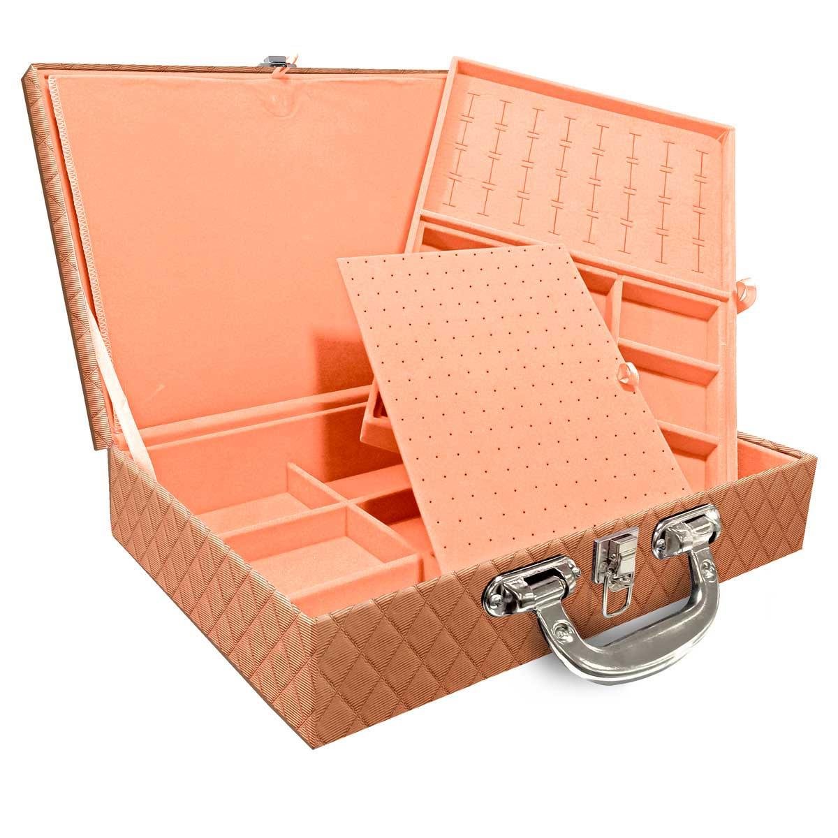 Estojo Maleta Porta Jóias Dupla Grande Dijon Cobre Metalizado Com Alça Cromada e Imã