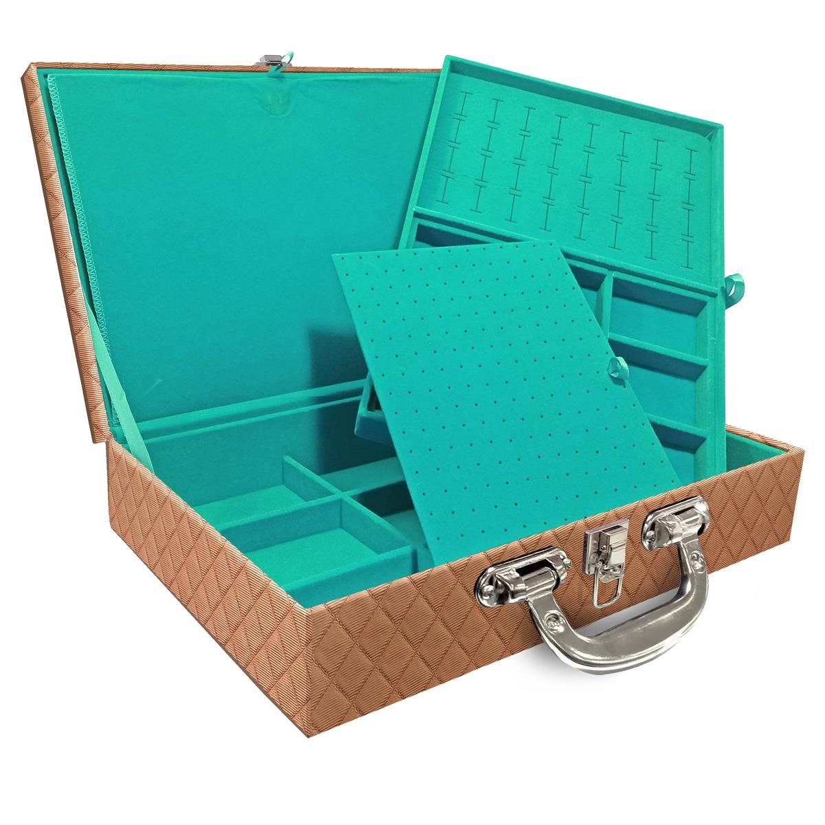 Estojo Maleta Porta Jóias Dupla Grande Dijon Cobre Metalizado Com Alça Cromada e Imã