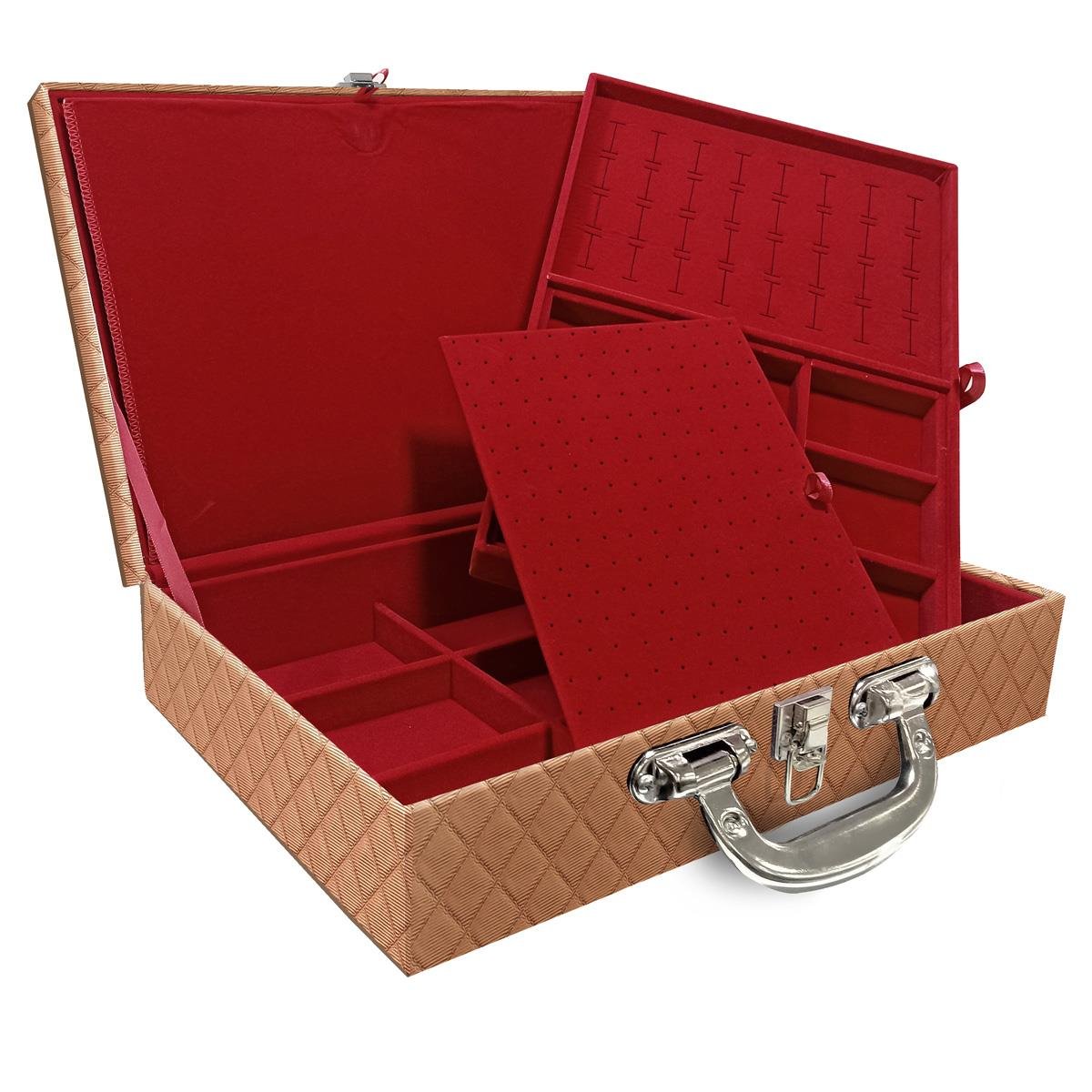 Estojo Maleta Porta Jóias Dupla Grande Dijon Cobre Metalizado Com Alça Cromada e Imã