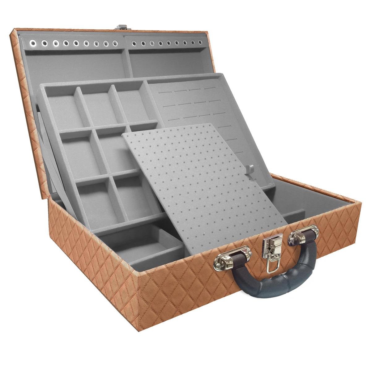 Estojo Maleta Porta Jóias Dupla Grande Dijon Cobre Metalizado Com Alça Preta e Espelho