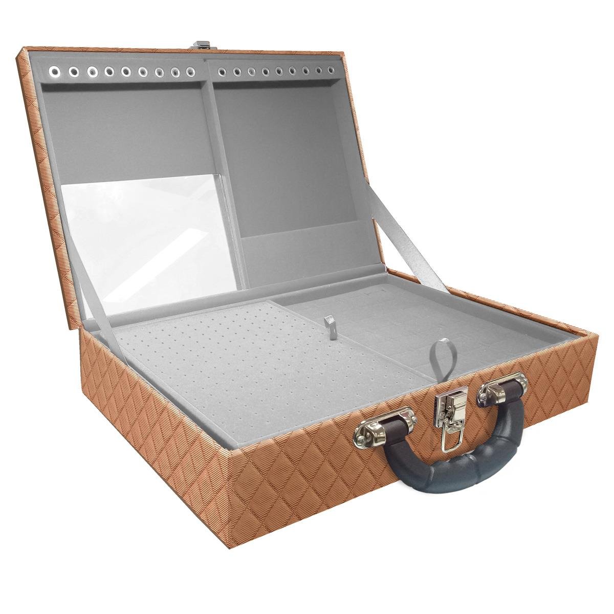 Estojo Maleta Porta Jóias Dupla Grande Dijon Cobre Metalizado Com Alça Preta e Espelho