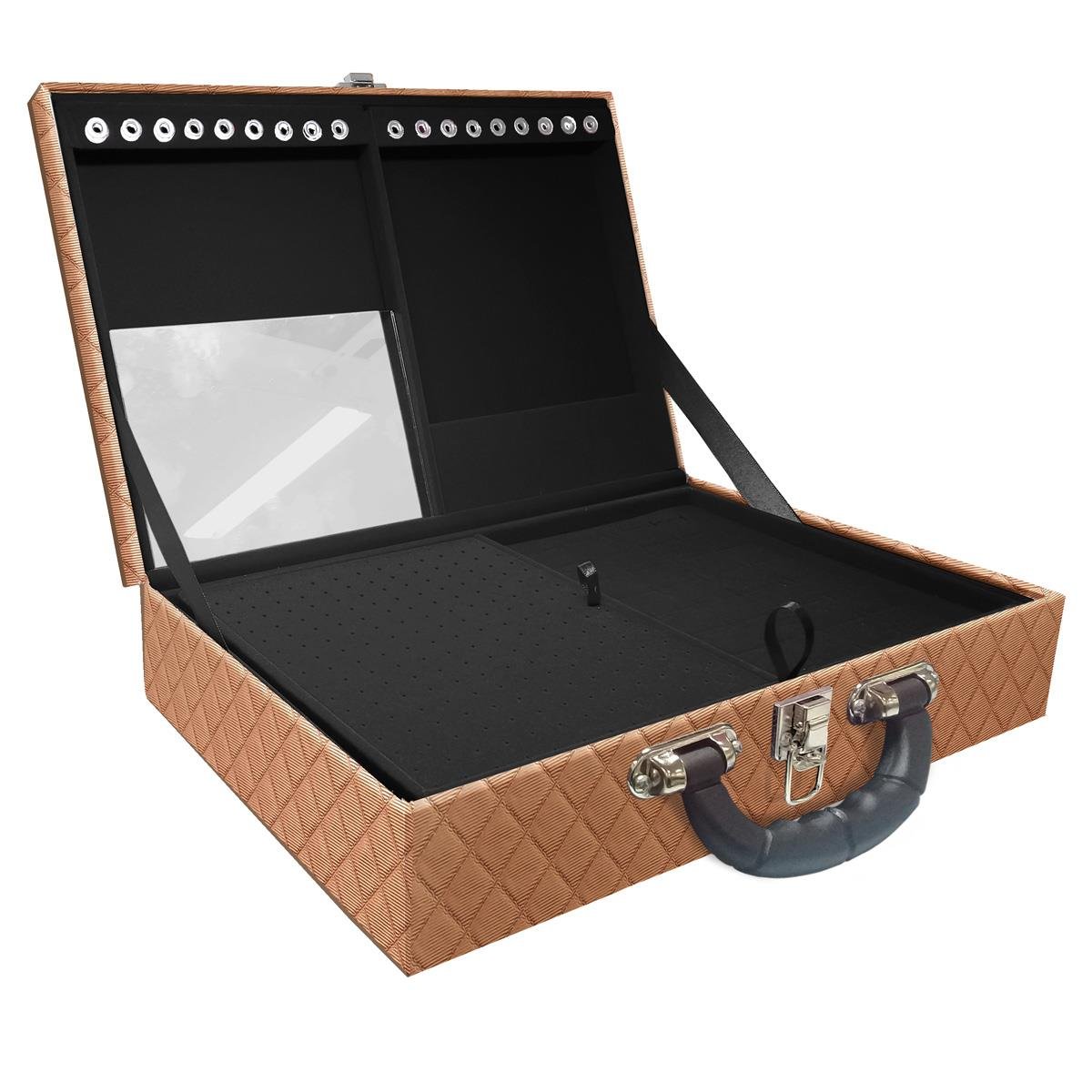 Estojo Maleta Porta Jóias Dupla Grande Dijon Cobre Metalizado Com Alça Preta e Espelho