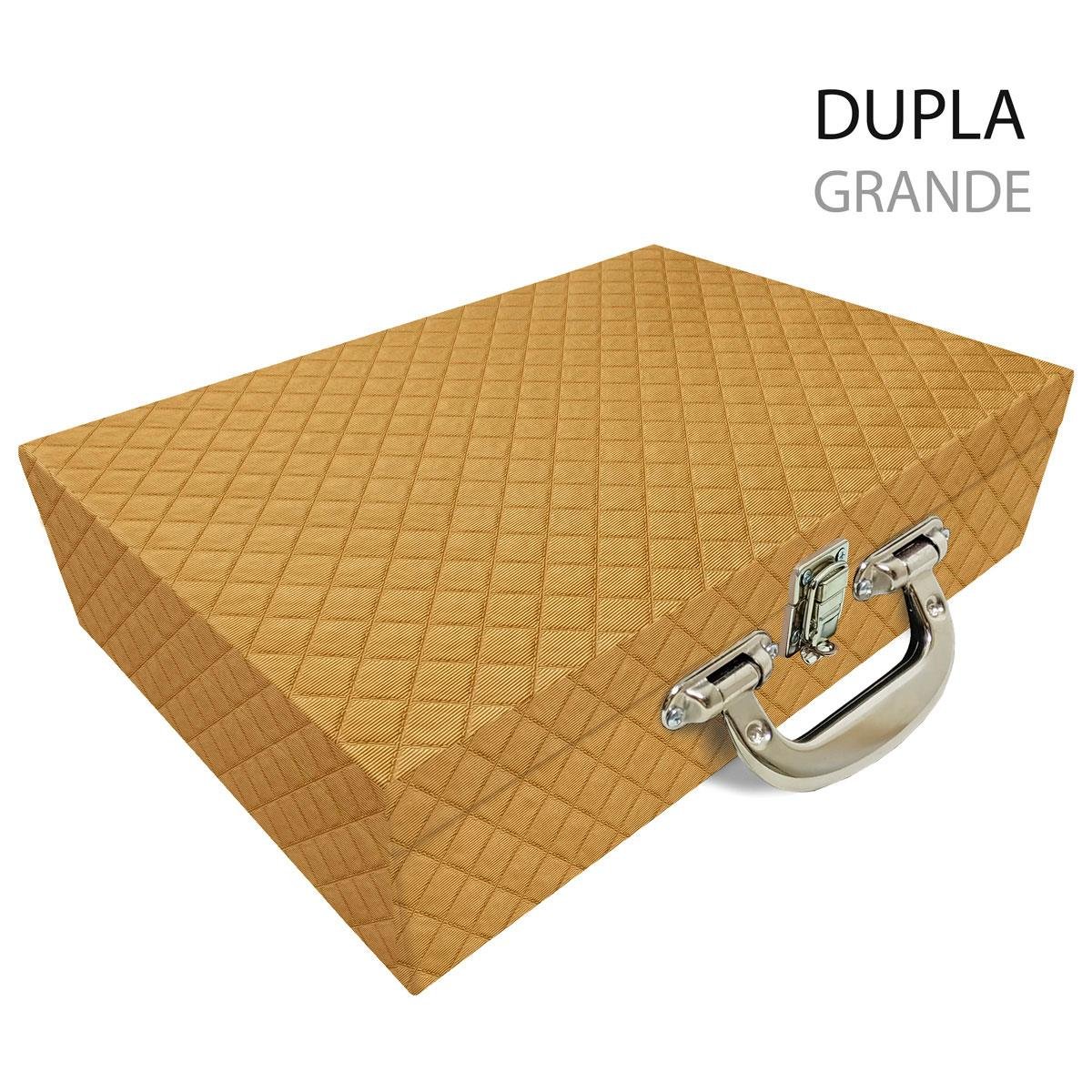 Estojo Maleta Porta Jóias Duplo Grande Dijon Dourado Com Alça Cromada e Espelho