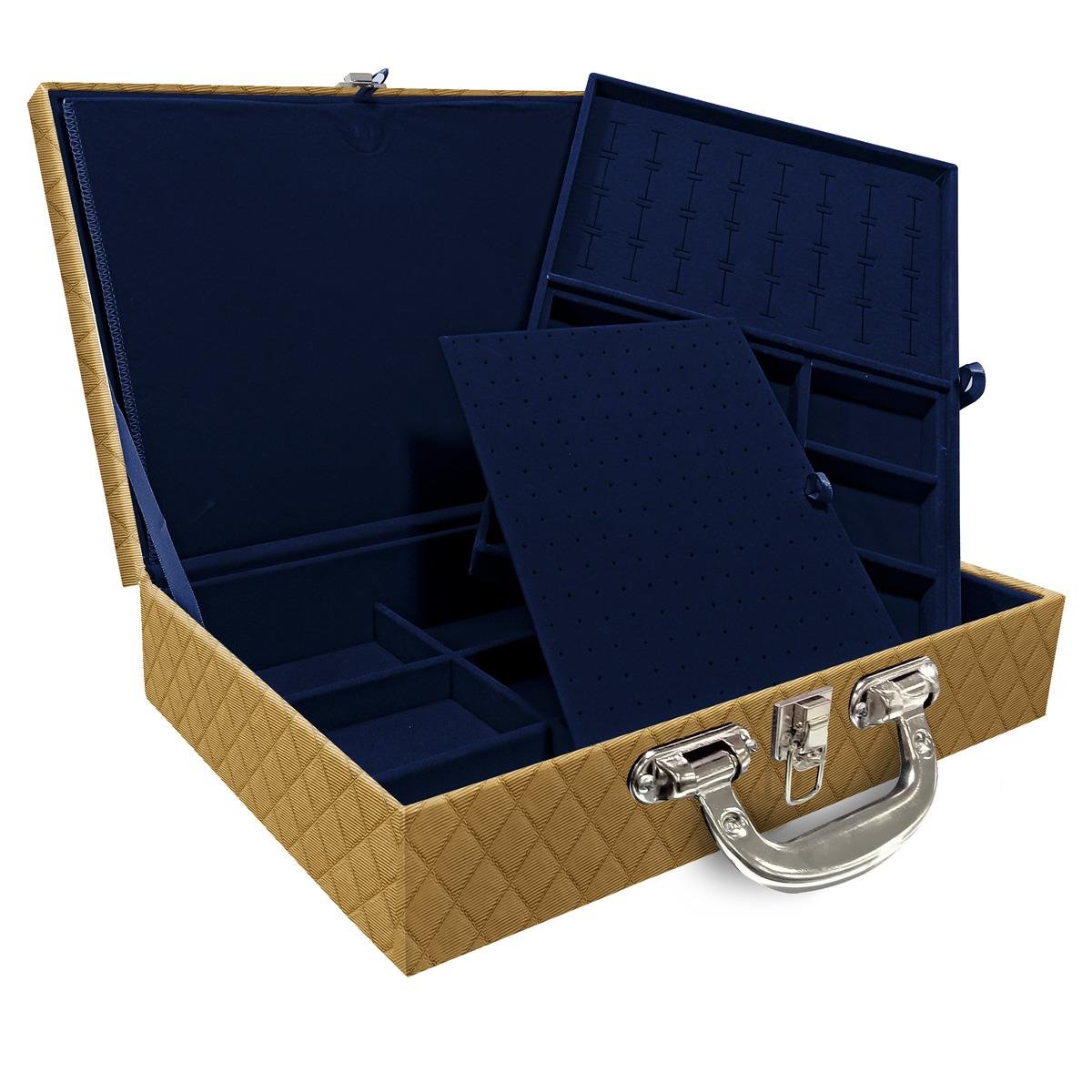 Estojo Maleta Porta Jóias Duplo Grande Dijon Dourado Com Alça Cromada e Imã