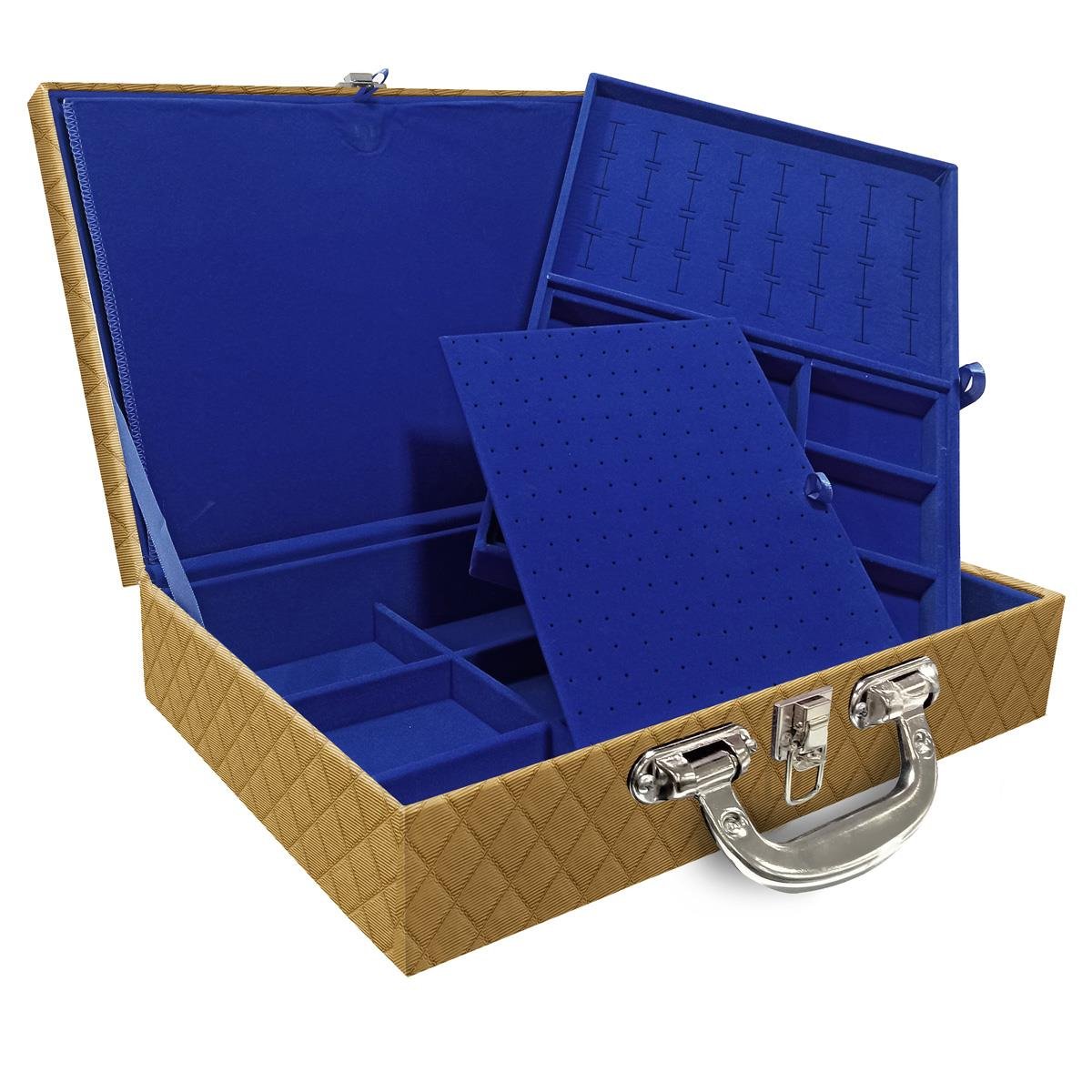 Estojo Maleta Porta Jóias Duplo Grande Dijon Dourado Com Alça Cromada e Imã